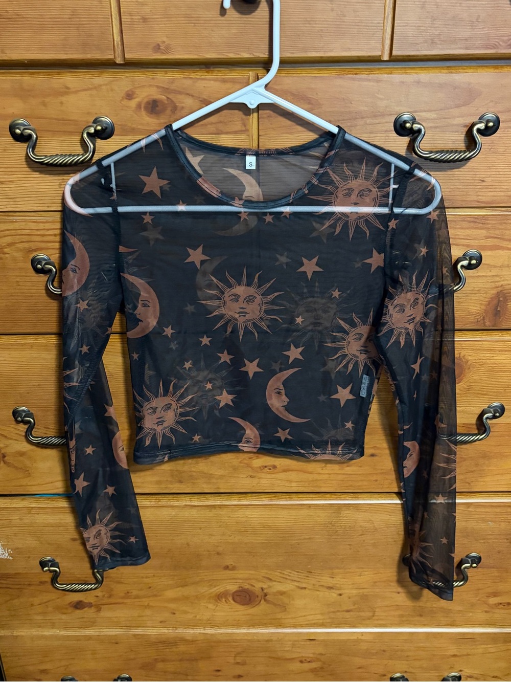 Sheer Black Crop Top with Copper Sun & Moon Print